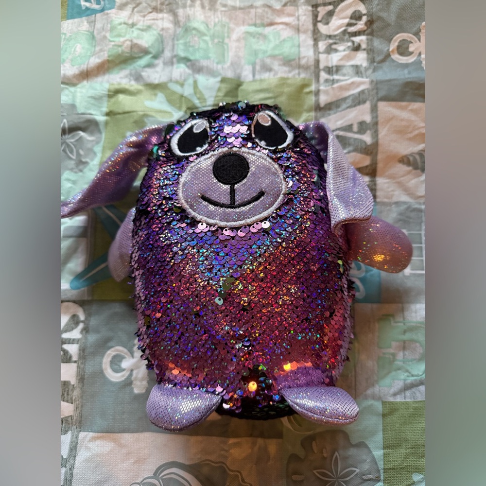 Shimmeez Delilah Dog 8" Plush Purple Green Reversible Sequins